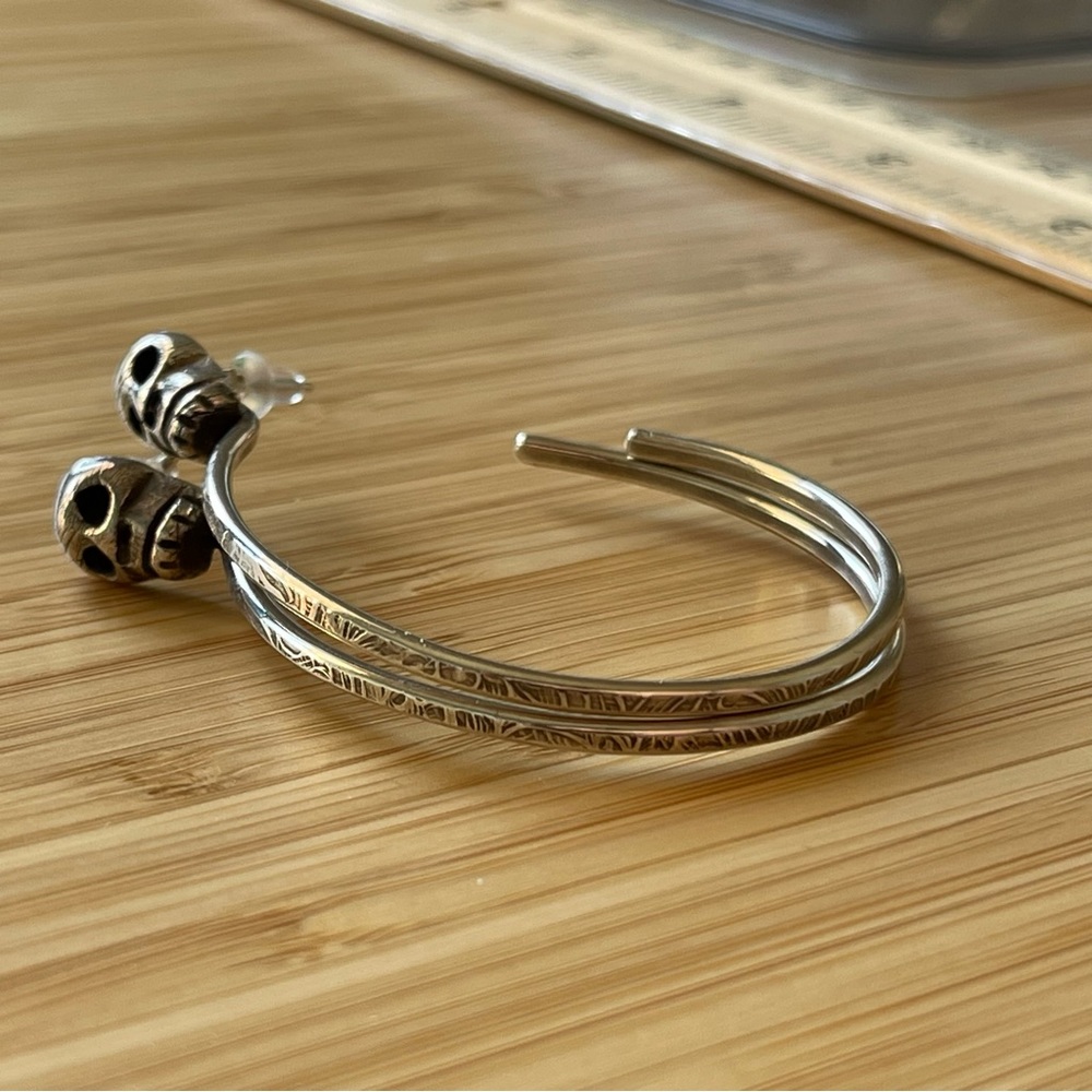 Skull Stud Hoop Earrings Sterling Silver 2” - Picture 5 of 8